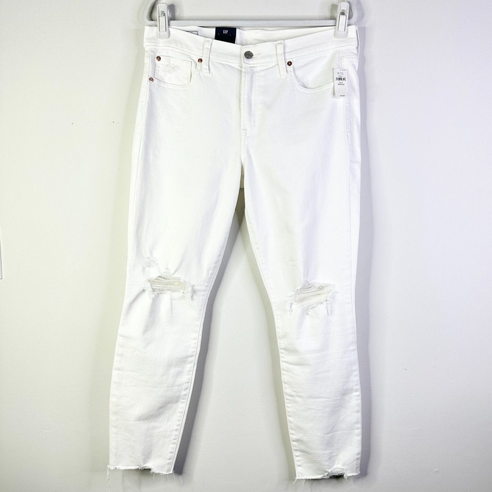 Gap Jeans Women 32 White True Skinny Mid Rise Stretch Distressed Holes Y2K NWT